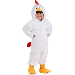 Toddler Fluffy Chicken Costume | Plush White Bird Hooded Jumpsuit and Striped Leggings with Chicken Feet Details