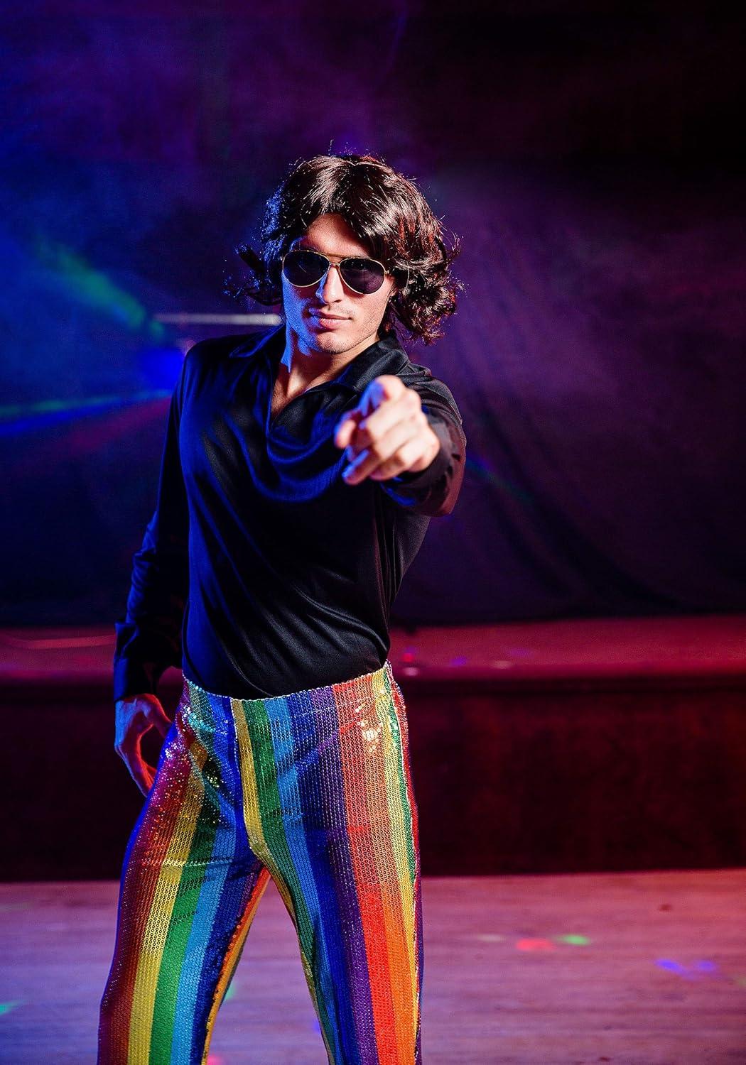 image:imageMens Disco King Plus Size Costume Groovy 70s 80s Disco VNeck Shirt amp Flared Sequin Pants Disco Party Outfit