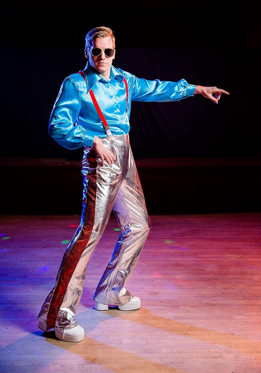 image:imageMens Funky Disco Plus Size Costume Satin Shirt with Metallic Pants Suspenders and Sequin Stripes