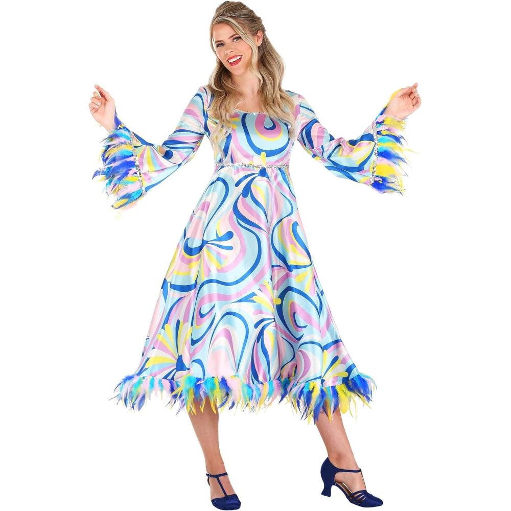 image:image60s Mama Costume for Adults Satin Dress with Sequins Feather Trim and Colorful Retro Print