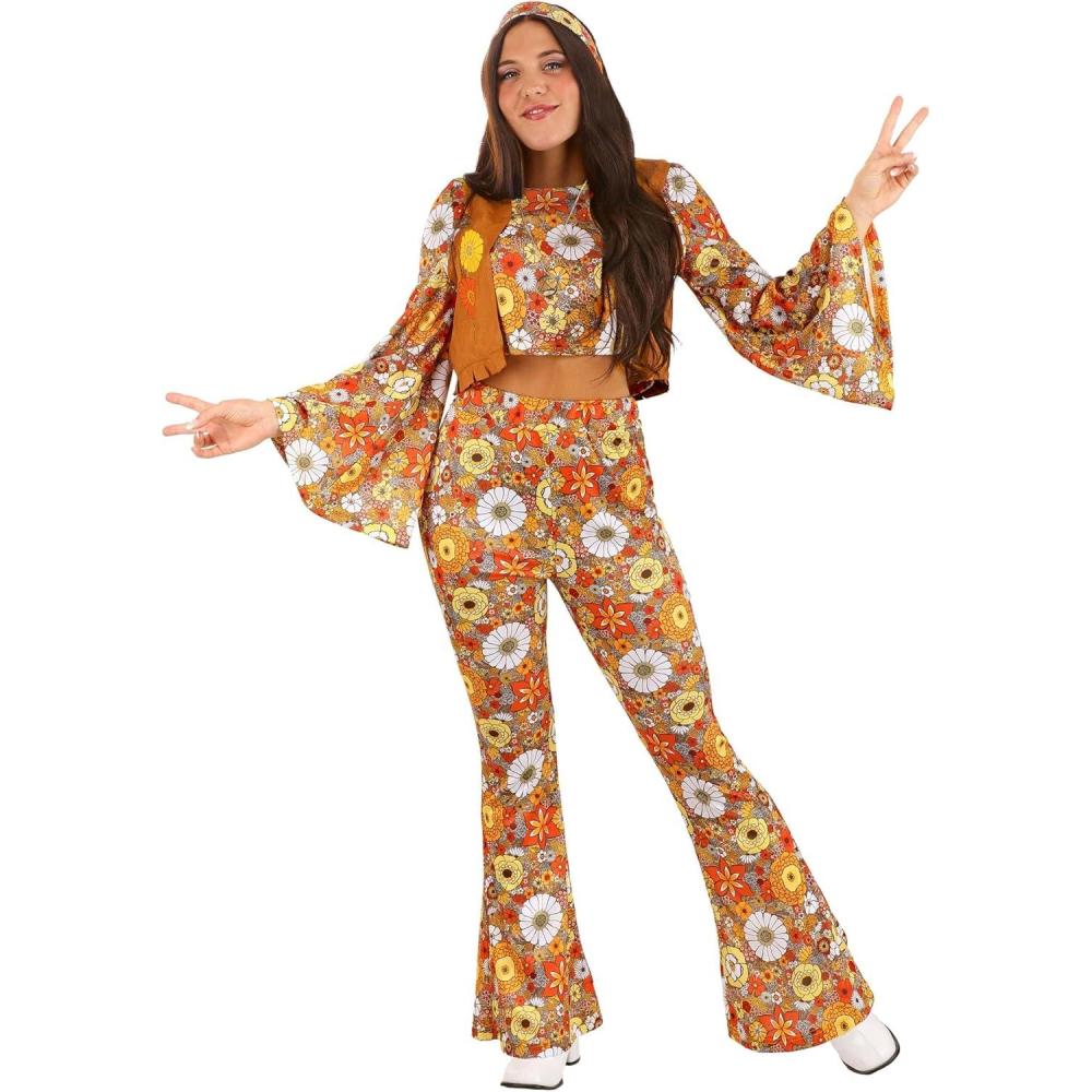 image:imageAutumn Flower Hippie Adult Costume Crop Top Pants Vest Headband Necklace