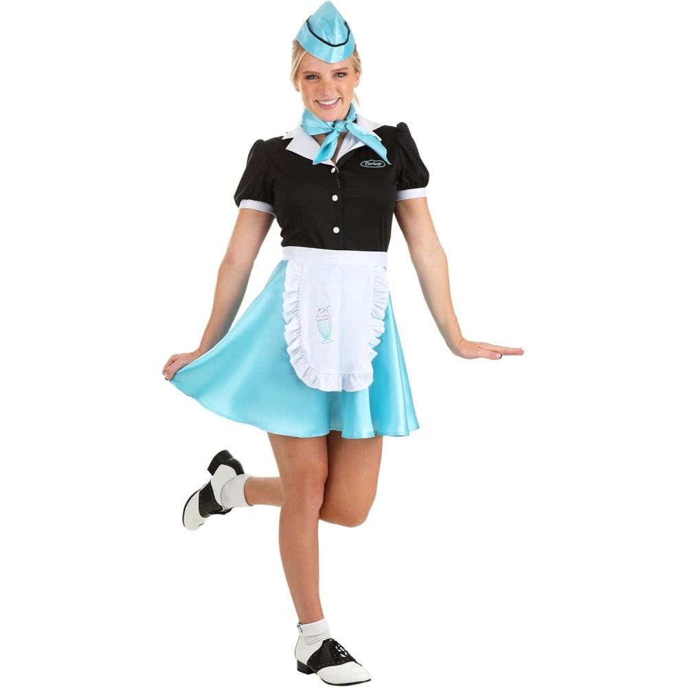 image:imageCar Hop Waitress Costume for Women Dress Apron Hat and Scarf