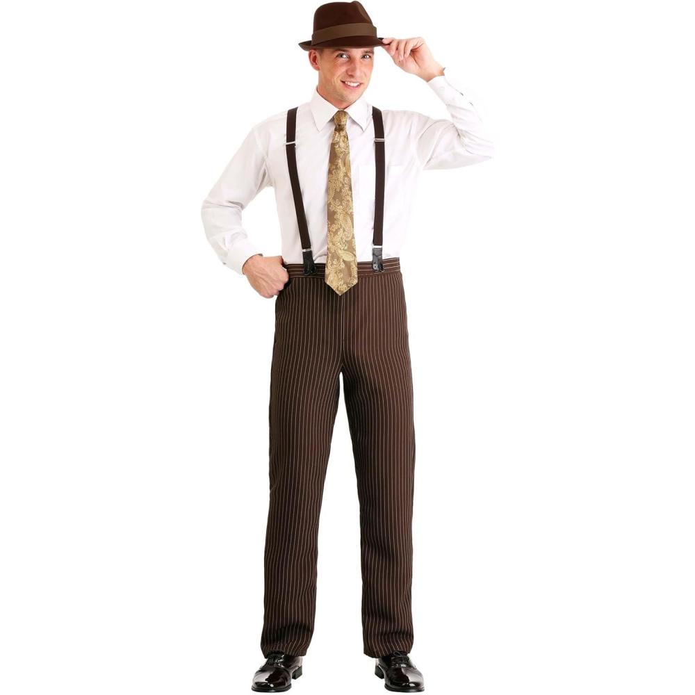 image:imageGangster Mobster Costume for Men  1920s Vintage Gangster Outfit with Striped Suit Pants Suspenders Tie FedoraCostume