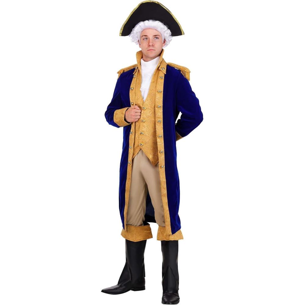 image:imageGeorge Washington Colonial Costume for Men Blue Velvet Jacket Vest Pants Hat Ascot Boot TopsGeorge Washington Colonial Costume