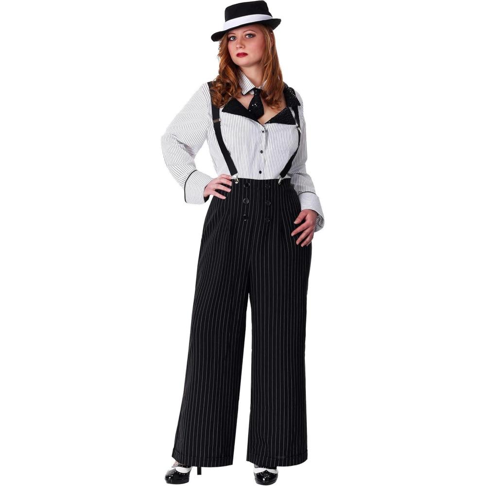 image:imageLady Gangster Costume Plus Size for Women Pinstripe Outfit with Shirt Pants Adjustable Suspenders Sequin TieCostume