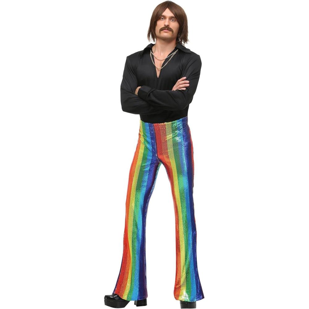 image:imageMens Disco King Plus Size Costume Groovy 70s 80s Disco VNeck Shirt amp Flared Sequin Pants Disco Party Outfit