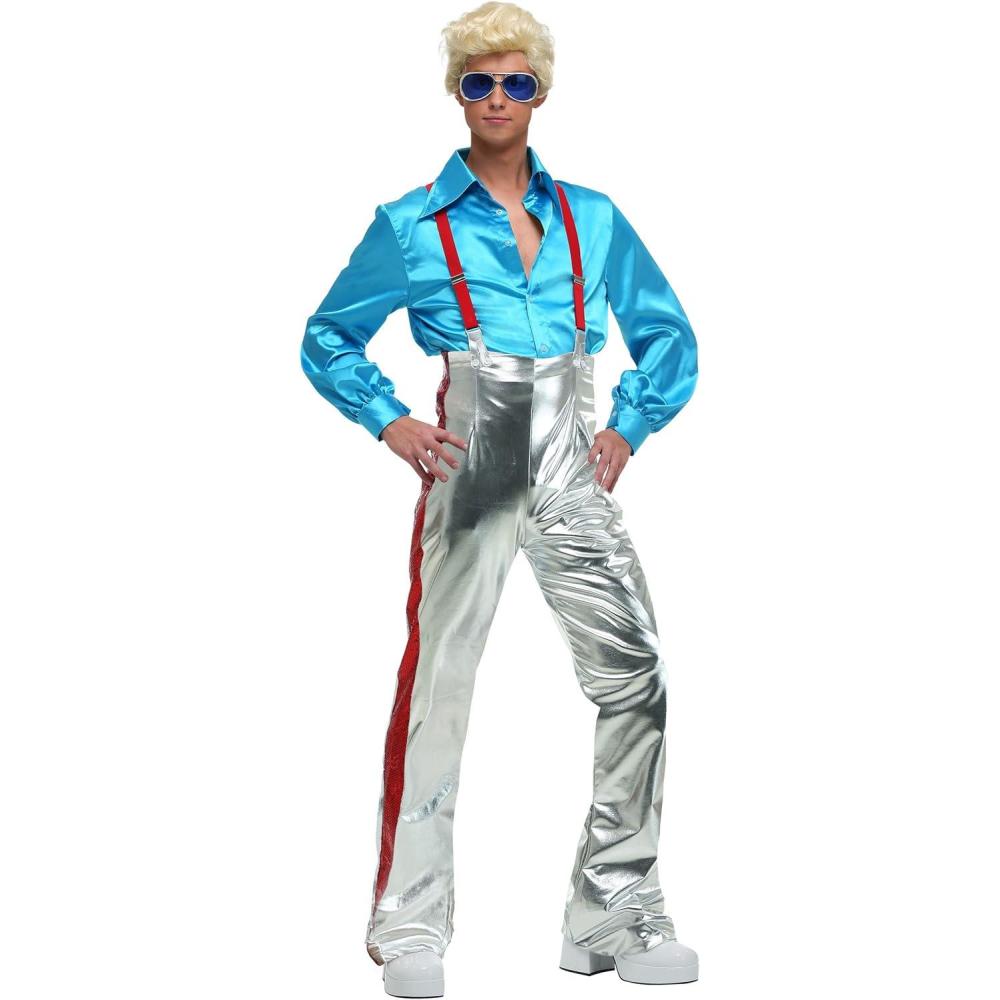 image:imageMens Funky Disco Plus Size Costume Satin Shirt with Metallic Pants Suspenders and Sequin Stripes