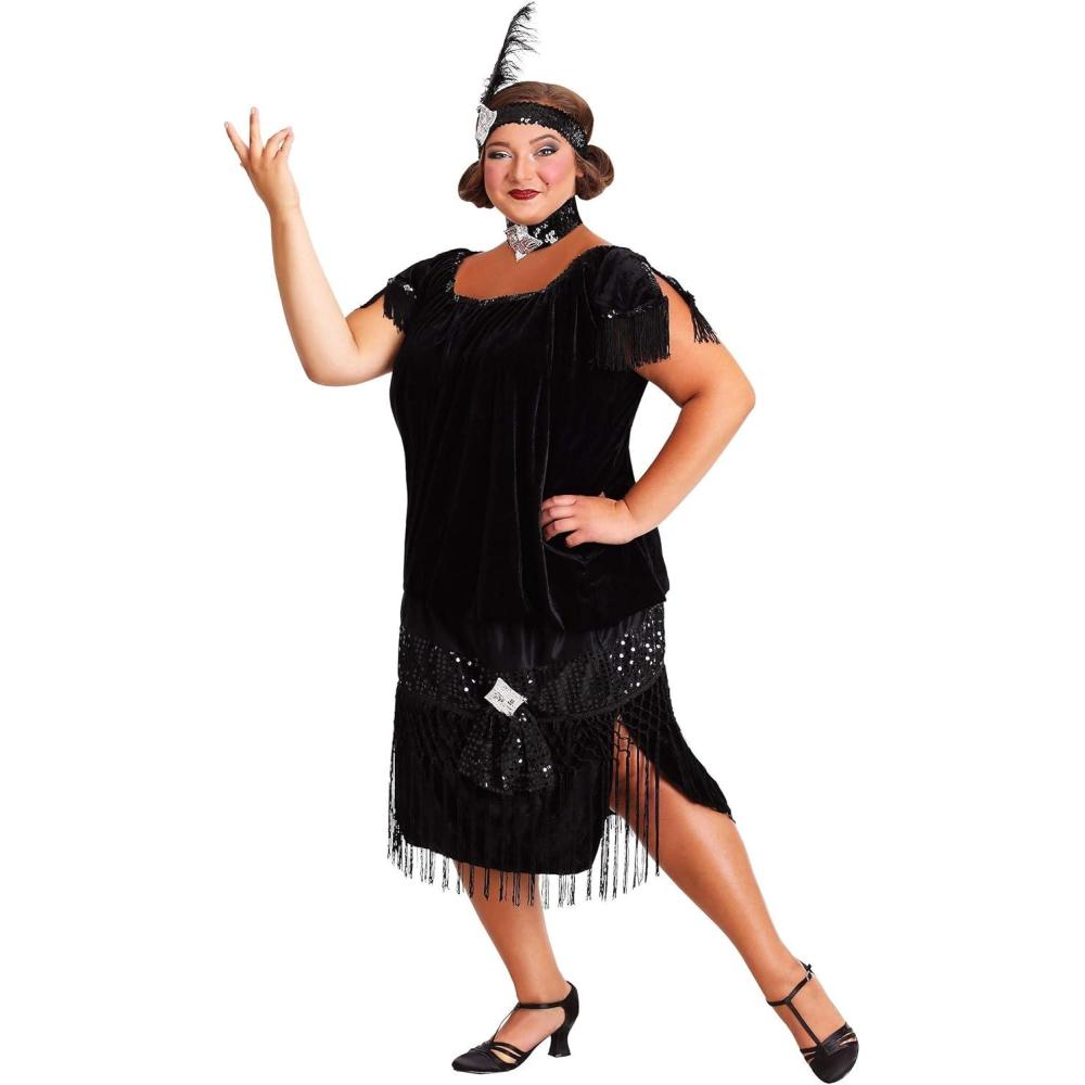 image:imagePlus Size Flapper Costume for Women Deluxe 1920s Outfit with Black Fringe Dress Choker amp HeadbandCostume