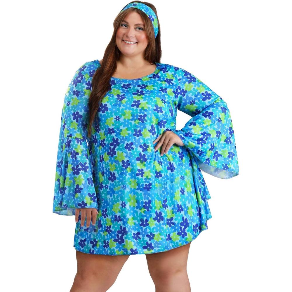 image:imageWildflower Hippie Dress Costume 70s Outfit For Women Floral Print Minidress Scoop Neckline And Flared Sleeves
