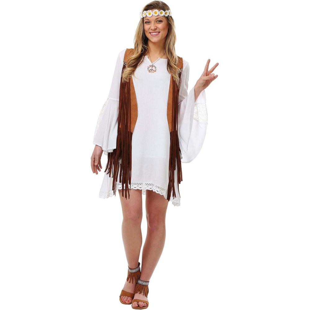 image:imageWomens Flower Child Costume with Dress Faux Suede Vest and Headband