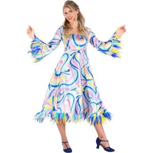 60s Mama Costume for Adults – Satin Dress with Sequins, Feather Trim, and Colorful Retro Print