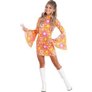 Floral Disco Dance Party Costume Dress | 1970s Groovy Outfit For Women | Halloween Psychedelic Flower Power
