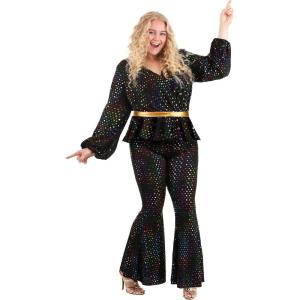 Fun Costumes Women’s Disco Queen Plus Size Costume – Sequin Knit Blouse with Flared Pants & Faux Leather Belt