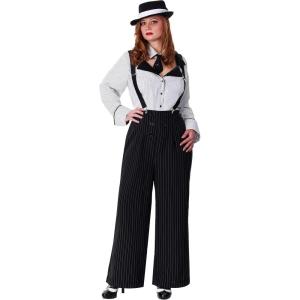 Lady Gangster Costume Plus Size for Women, Pinstripe Outfit with Shirt, Pants, Adjustable Suspenders, Sequin Tie(Costume)