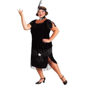 Plus Size Flapper Costume for Women, Deluxe 1920s Outfit with Black Fringe Dress, Choker, & Headband(Costume)