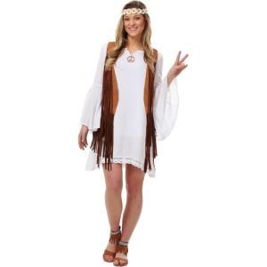 Women’s Plus Size Flower Child Costume – Gauze Dress with Faux Suede Vest and Headband