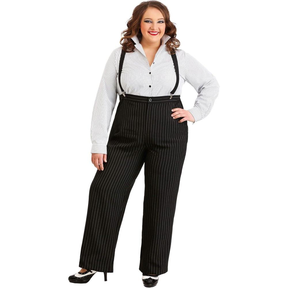image:imageFun Costumes Plus Size 1920s Gangster Lady Costume with ButtonDown Shirt Striped Pants and Adjustable SuspendersBundle W Money Bag