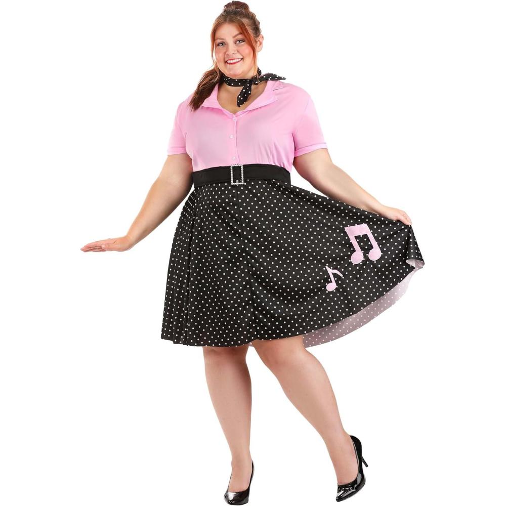 image:imagePlus Size Sock Hop Cutie Womens Costume Dress Pink and Black Polka Dot Dress with Scarf