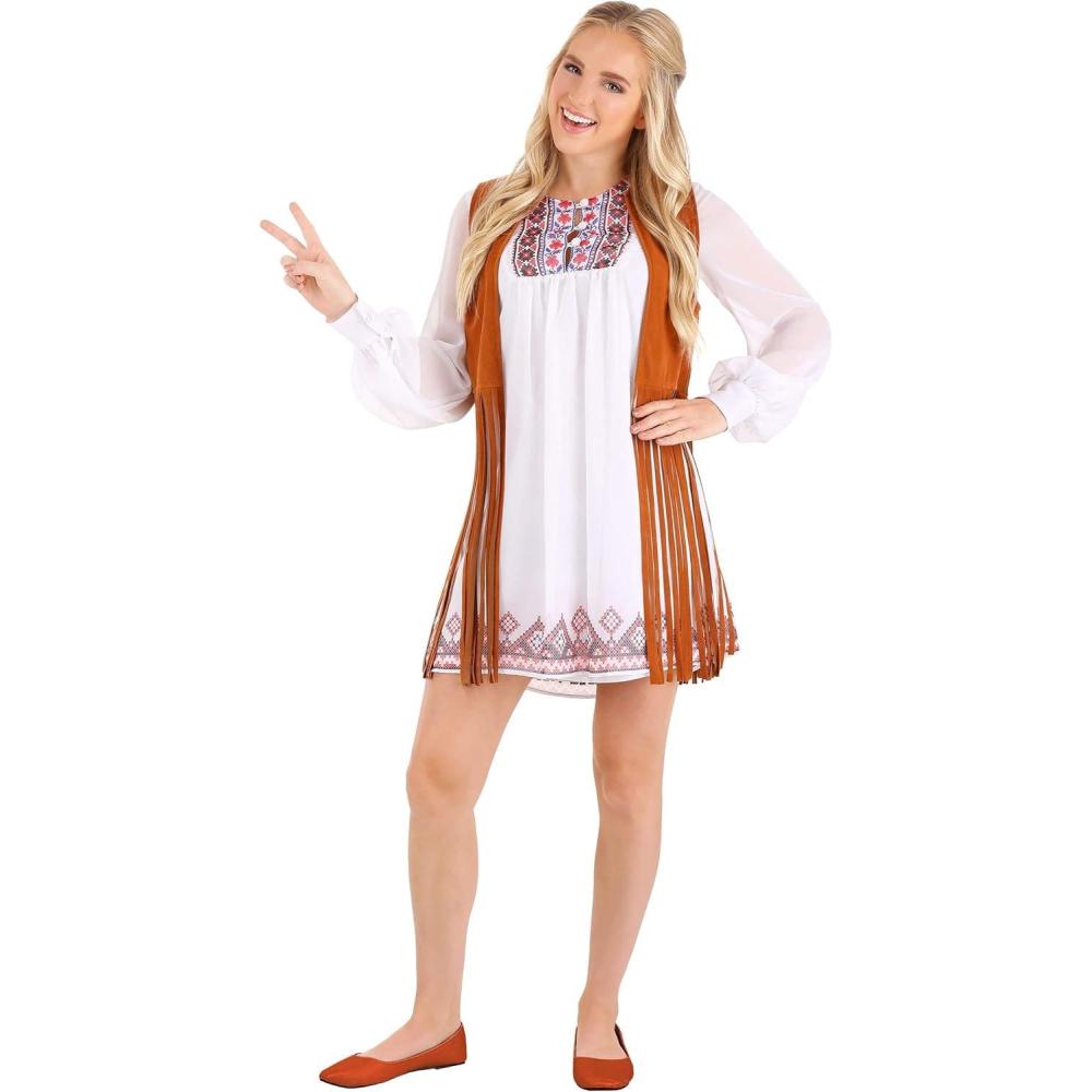 image:imageWomens 1970s Free Spirit Costume  Chiffon Dress with Faux Suede Fringe Vest