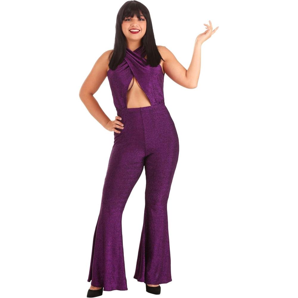 image:imageWomens Tejano Pop Singer Halloween Costume Jumpsuit Purple Metallic Bell Bottoms amp Halter Top