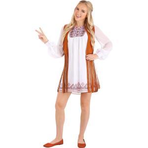 Women’s 1970s Free Spirit Costume – Chiffon Dress with Faux Suede Fringe Vest