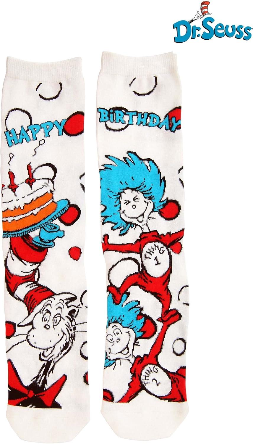 image:imageThe Cat in the Hat Birthday Crew Socks for Adults Ribbed Cuffs and Knitted Graphics Officially LicensedMulticolored