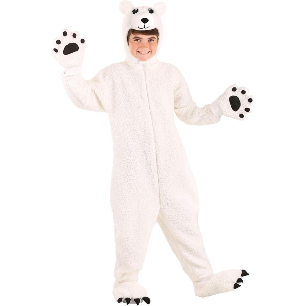 image:imageKids Artic Polar Bear Halloween Costume  White Bear Jumpsuit with Headpiece Mitts and Shoe Covers  Unisex