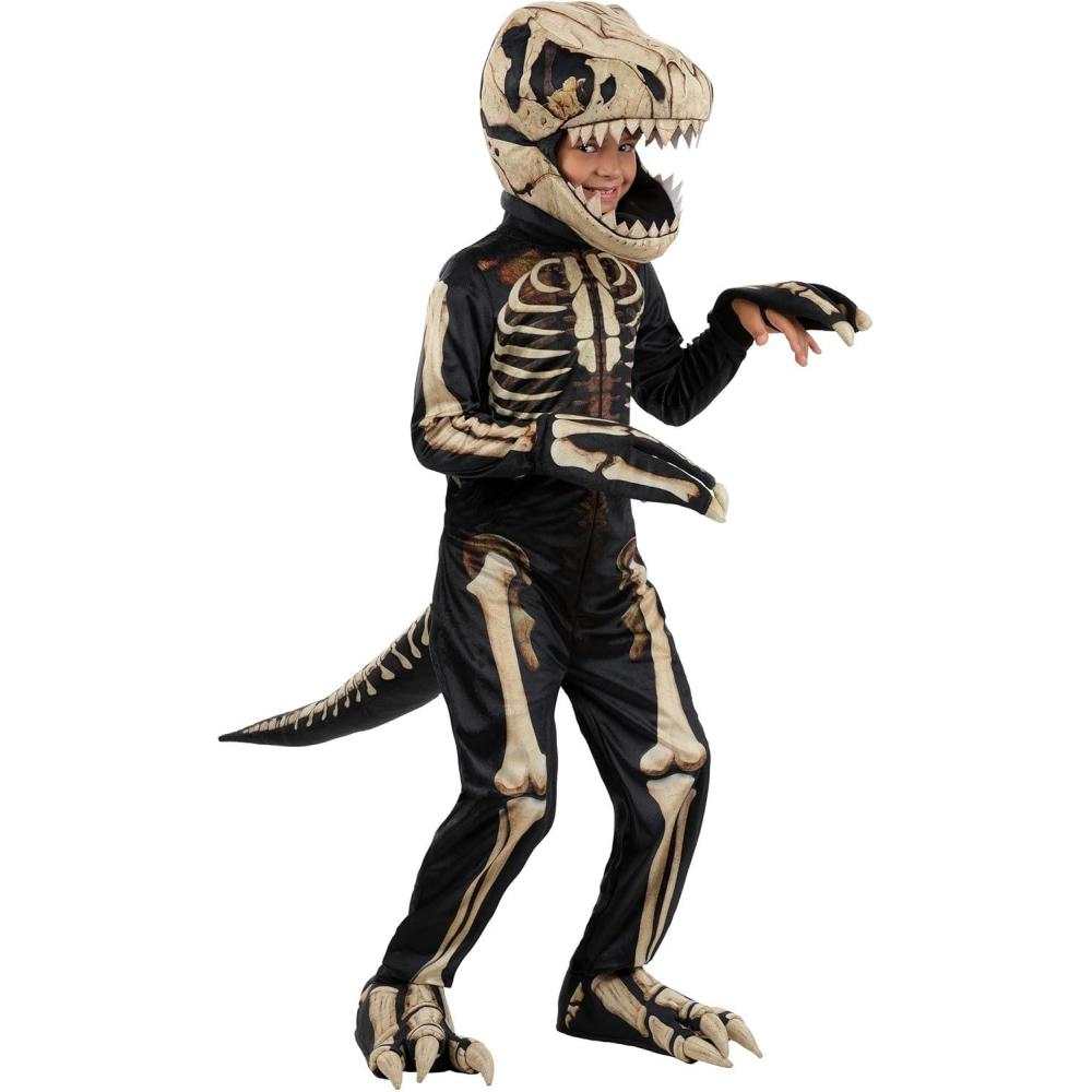 image:imageKids Dinosaur Skeleton Costume with Skull Headpiece and Clawed Shoe Covers for Halloween  Prehistoric Dino Jumpsuit