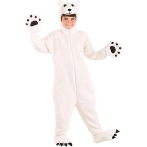 Kids Artic Polar Bear Halloween Costume | White Bear Jumpsuit with Headpiece, Mitts and Shoe Covers – Unisex