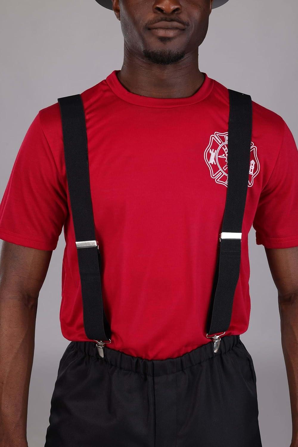 image:imageAdult Firefighter Costume with Black Suspenders Pants Shirt amp Helmet Halloween Fire Captain UniformFirefighter Costume With Black Suspenders Pants Shirt Helmet