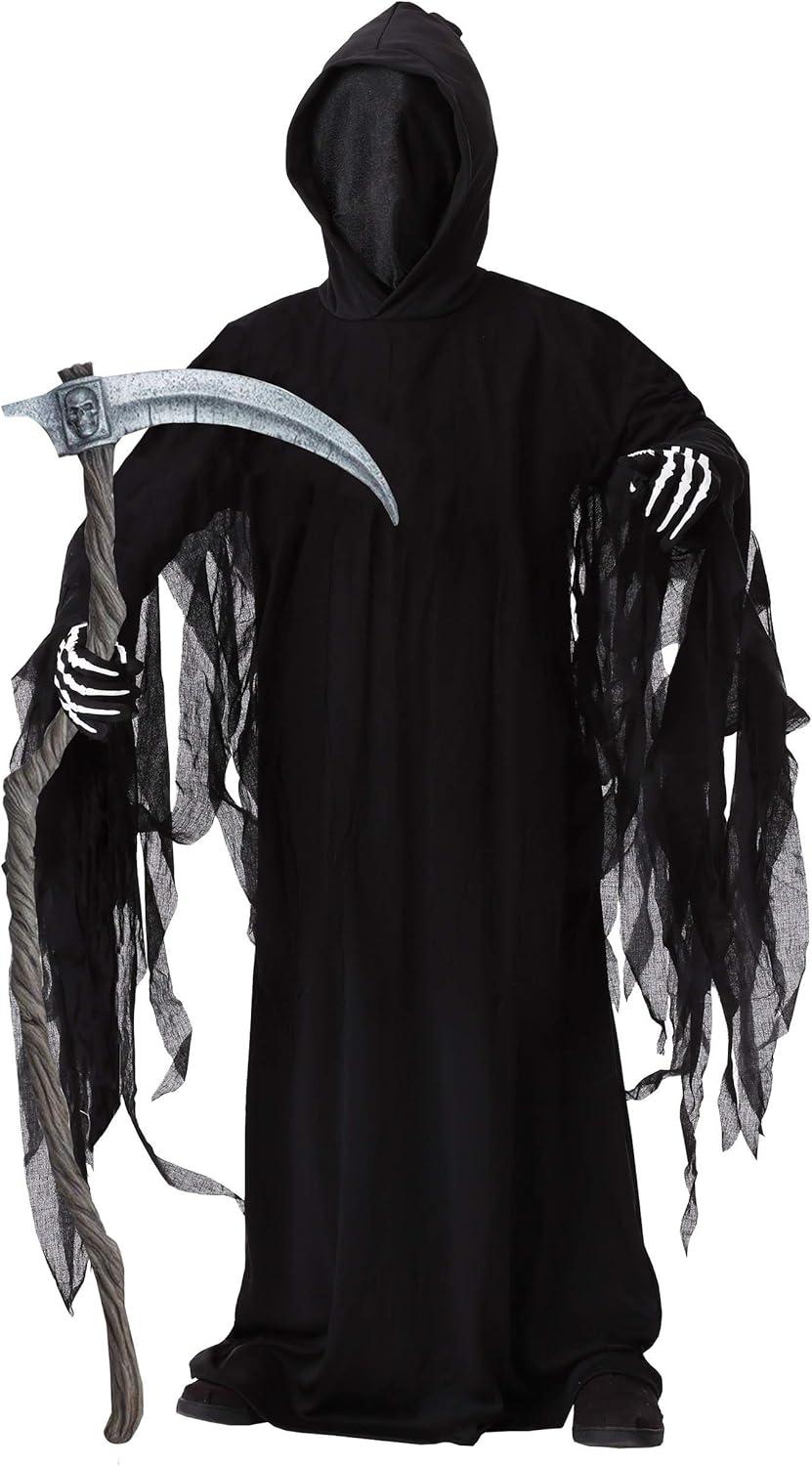 image:imageFun Costumes Kids Dark Reaper Halloween Costume Child Grim Reaper Outfit Black Robe Blackout Hood and Mesh Drape Sleeves