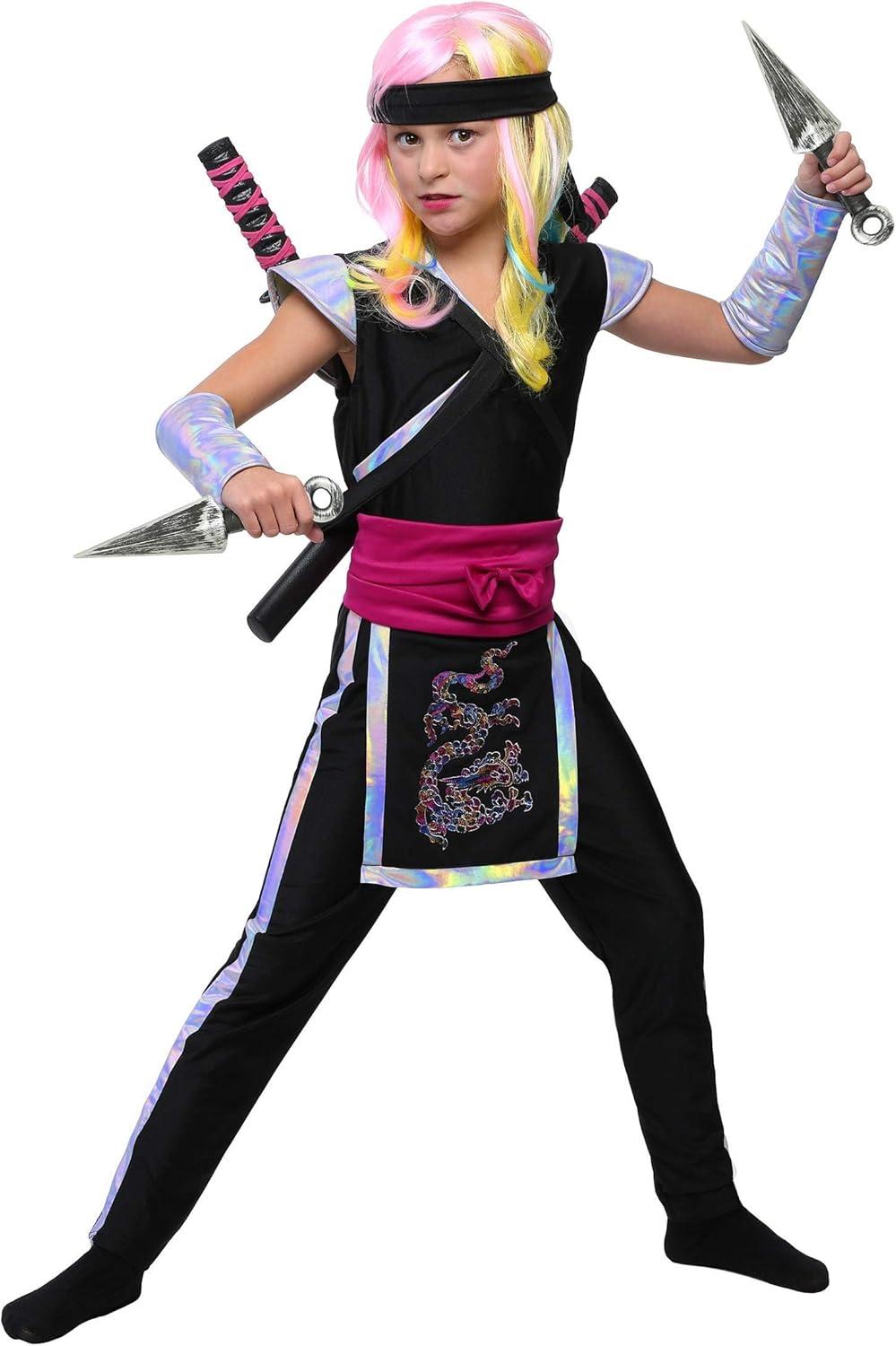 image:imageRainbow Ninja Girl Costume Jumpsuit Dragon Drape Waist Sash amp Iridescent Details