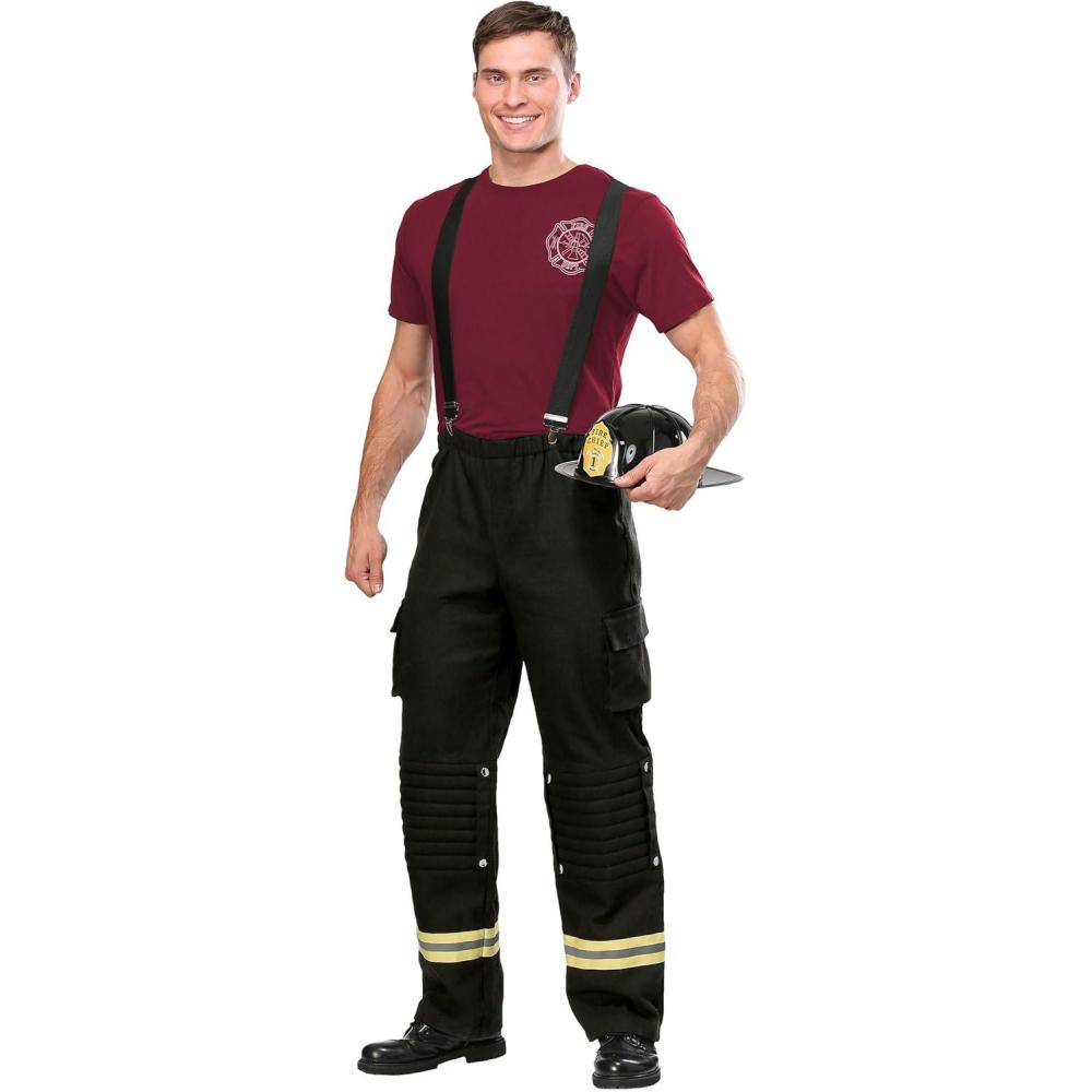 image:imageAdult Firefighter Costume with Black Suspenders Pants Shirt amp Helmet Halloween Fire Captain UniformFirefighter Costume With Black Suspenders Pants Shirt Helmet