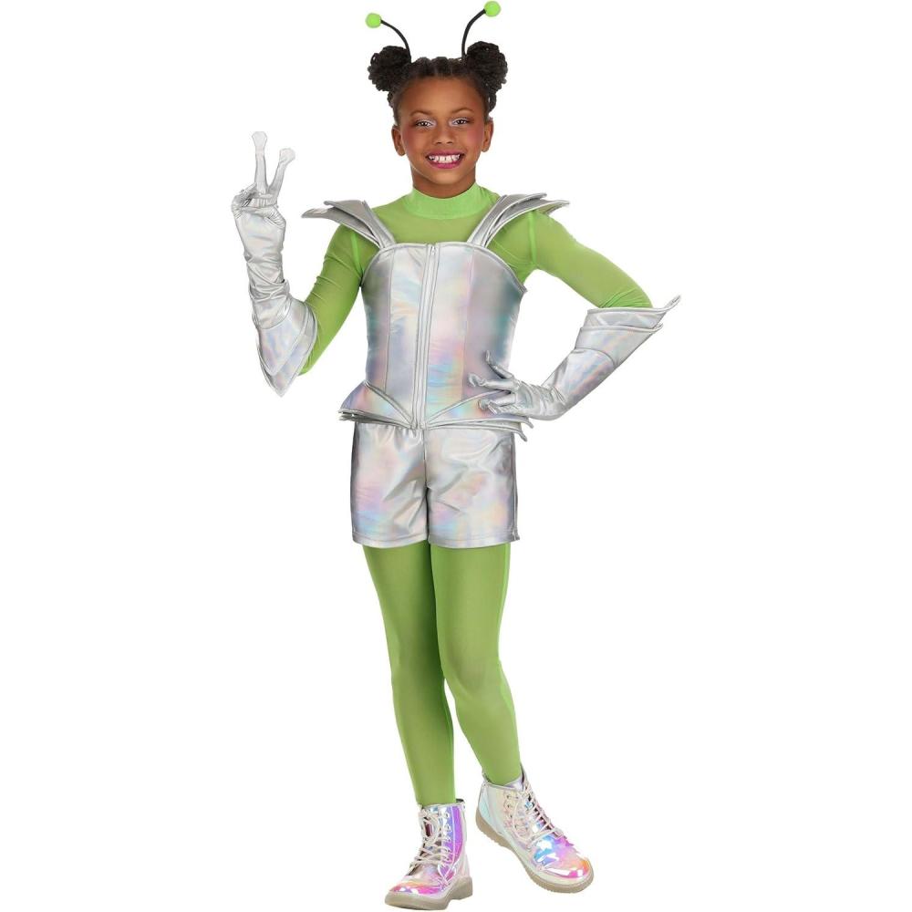 image:imageGirls Galactic Alien Kiddo Costume with Gloves amp Antennae Clips  UFO Space Themed Kids Outfit for Halloween