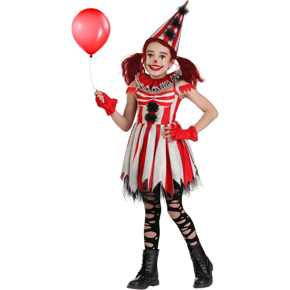 image:imageGirls Sinister Circus Clown Costume with Dress Collar Hat and Gloves for Creepy Halloween Play Pretend