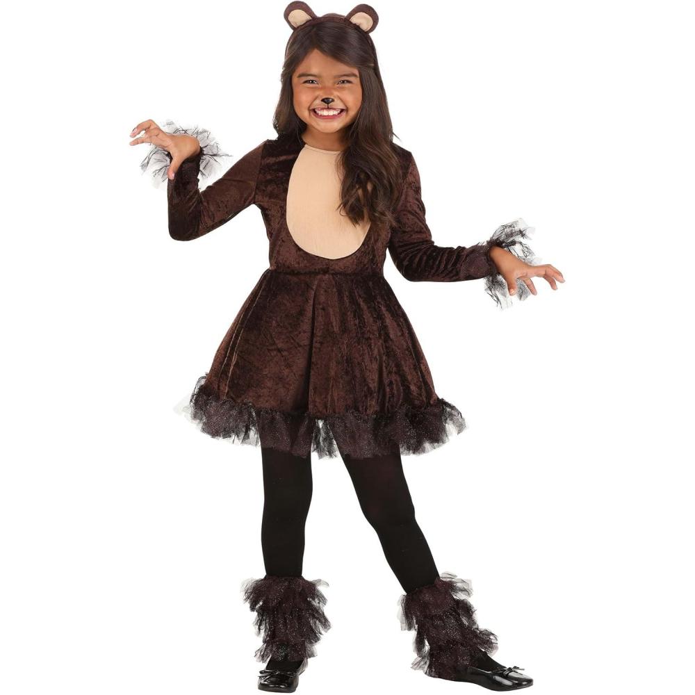 image:imagePlayful Bear Costume for Girls Velour amp Tulle Dress with Fringe amp Front Inset Panel Forest Animal DressUp Kit