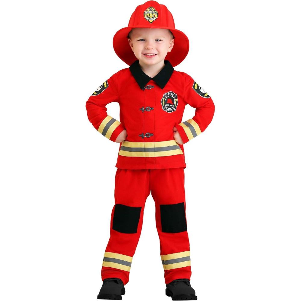 image:imageToddler Firefighter Costume  Childs Firemen Reflective Tape Red Uniform Boys Fire Chief Outfit Jacket Pants amp Helmet