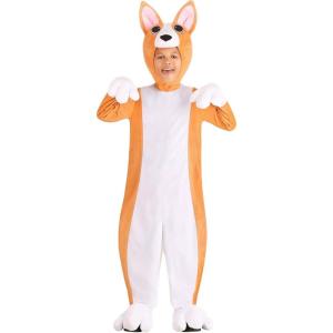 Corgi Costume for Kids, Plush Orange and White Cute Dog Jumpsuit with Hood and Mittens