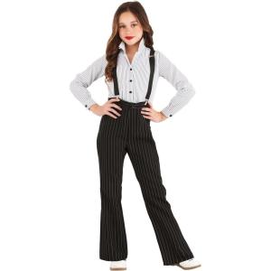 Girls 1920s Gangster Lady Costume, Gangster Gal Attire With Button Down Shirt & Pants, And Adjustable Suspenders