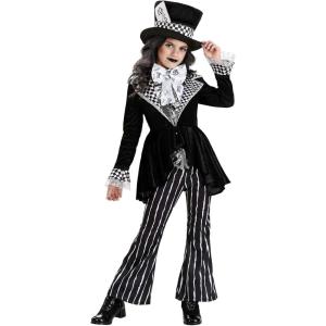 Girl?s Deluxe Dark Mad Hatter Costume | Wonderland Outfit with Jacket, Vests, Pants, Bowtie, & Hat