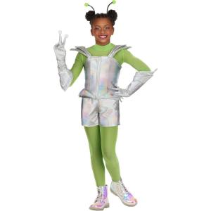 Girl’s Galactic Alien Kiddo Costume with Gloves & Antennae Clips – UFO Space Themed Kids Outfit for Halloween