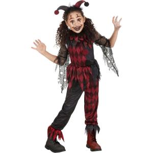 Kid’s Jinxed Jester Clown Costume, Spooky Black and Red Clown Outfit for Girls