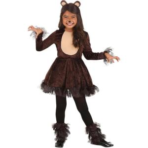 Playful Bear Costume for Girls Velour & Tulle Dress with Fringe & Front Inset Panel Forest Animal Dress-Up Kit