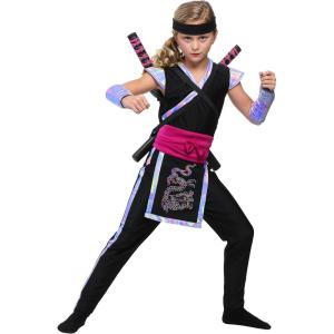 Rainbow Ninja Girl Costume Jumpsuit, Dragon Drape, Waist Sash & Iridescent Details