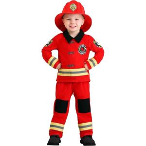 Toddler Firefighter Costume | Childs Firemen Reflective Tape Red Uniform, Boys Fire Chief Outfit, Jacket, Pants & Helmet