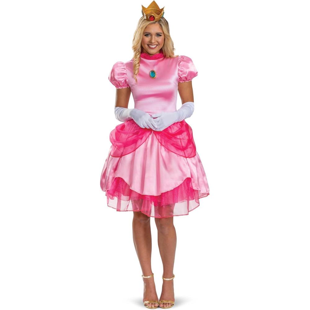 image:imageDisguise Womens Deluxe Womens Princess Peach Costume Dress amp Crown Adult Super Mario Bros Character Cosplay OutfitPrincess Peach