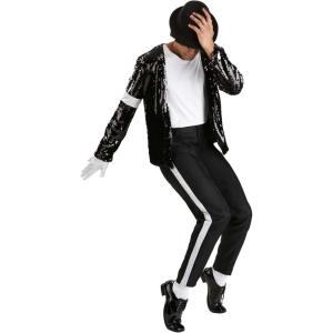 Adult Michael Jackson Moonwalk Costume | Men’s King of Pop Billie Jean Outfit – Black Jacket, Pants, Hat, 1 White Glove