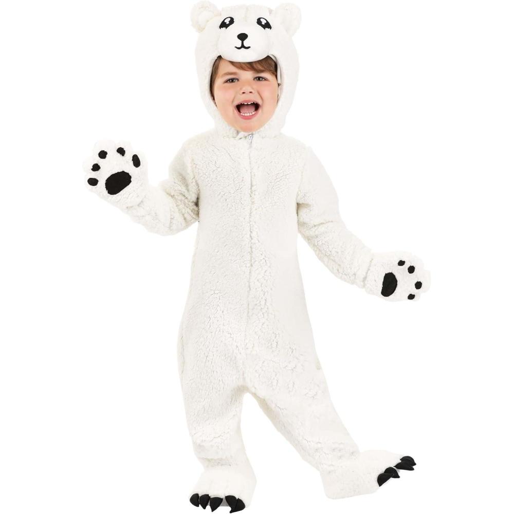 image:imageArctic Polar Bear Costume for Toddlers Shearling Fleece Bodysuit Gloves Shoe Covers and Headpiece with Embroidery
