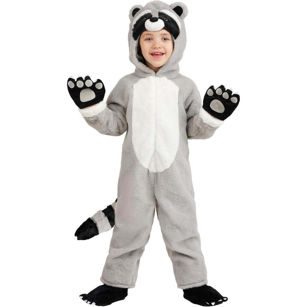 image:imageToddler Rascal Raccoon Costume  Furry Hooded Jumpsuit with Striped Tail and Mitts