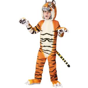 Kid’s Realistic Tiger Costume with Headpiece & Tail – Includes Mitts, Shoe Covers, Striped Jumpsuit